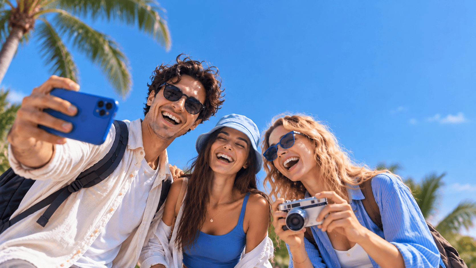 Three friends laughing and taking a selfie under palm trees on a sunny day
