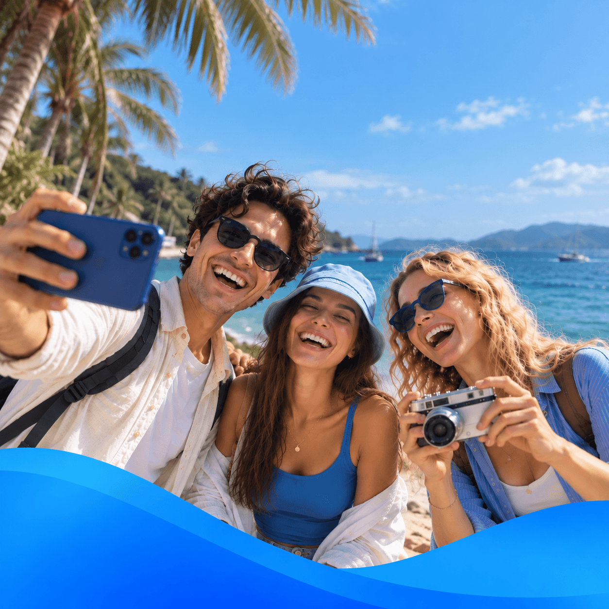 Three friends laughing and taking a selfie on a tropical beach