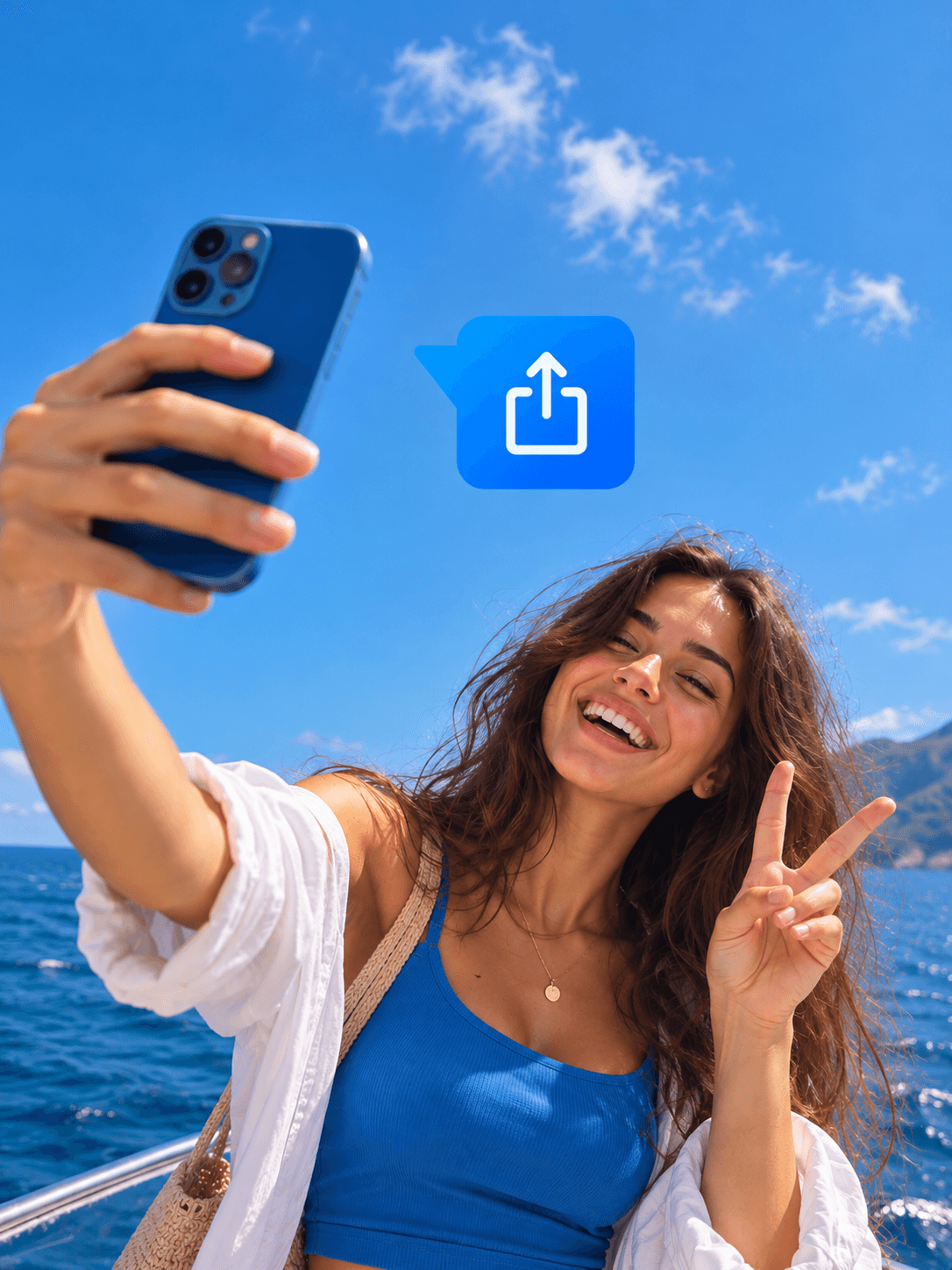 A traveller on a boat taking a selfie, with a share icon beside her