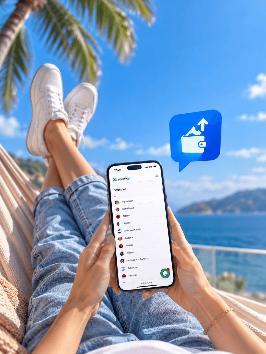 A traveller relaxing in a hammock by the sea, browsing eSIM Net destinations on a phone