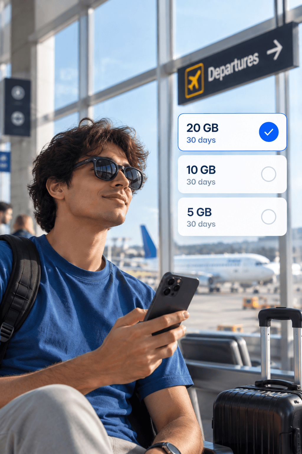 A traveller at the departure gate choosing a 20 GB, 30-day data plan on his phone
